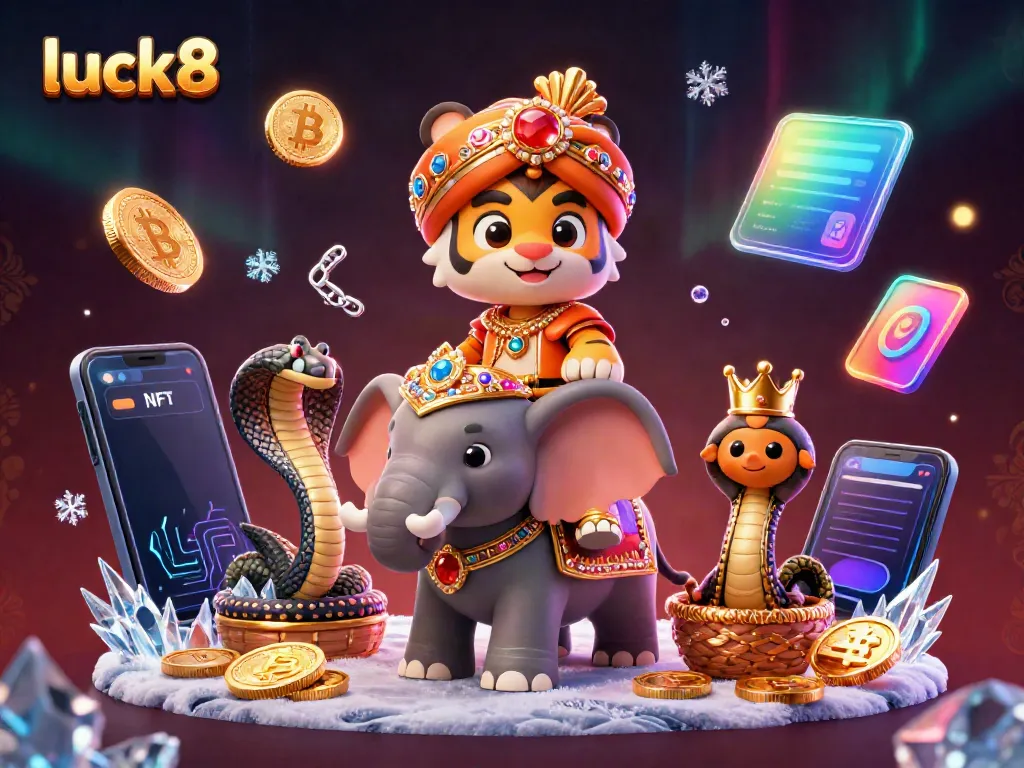 Encounter amazing wins at luck8 with a 3D scene featuring a maharaja riding an elephant amidst crypto coins.