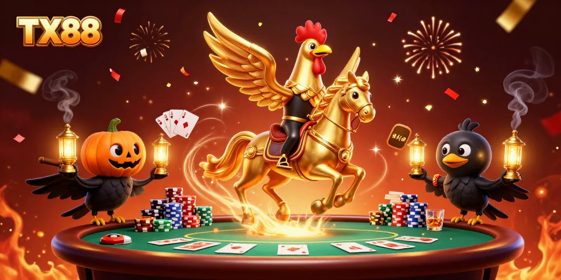 Experience the thrilling TX88 casino adventure featuring a golden rooster and poker elements.