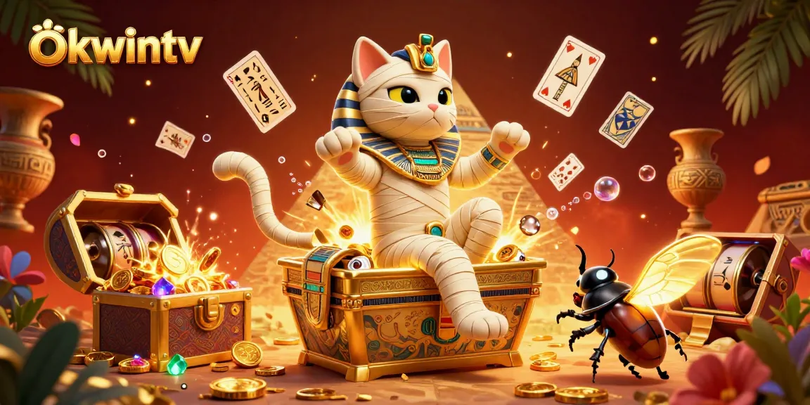 Experience the excitement of okwintv with an Egyptian mummy cat and treasures in a vibrant casino.