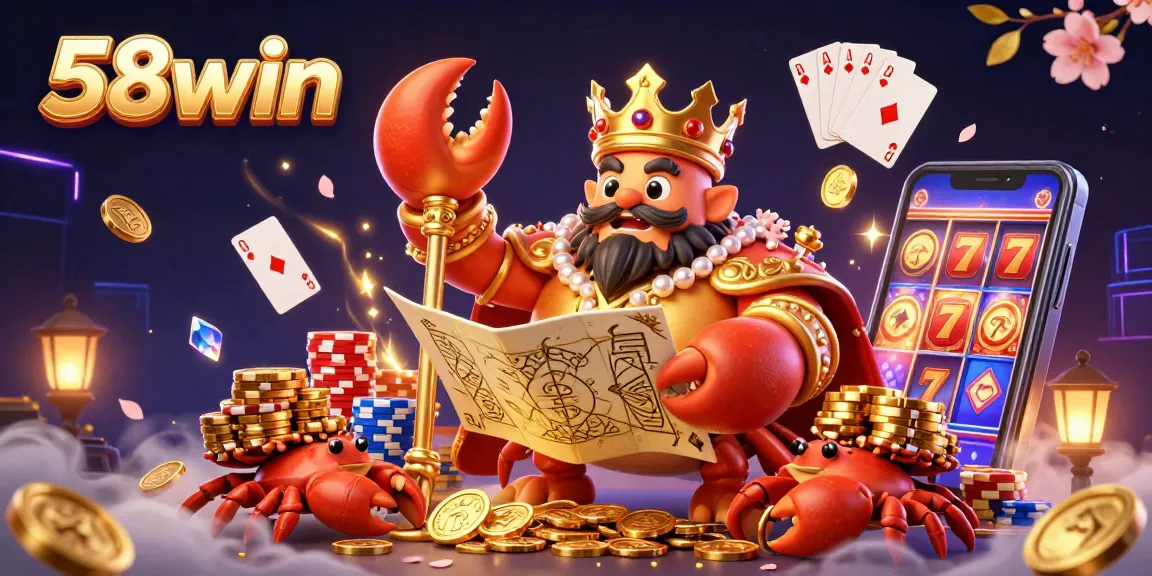 Experience the excitement of 58win's vibrant casino gameplay with golden treasures and 3D illustrations.
