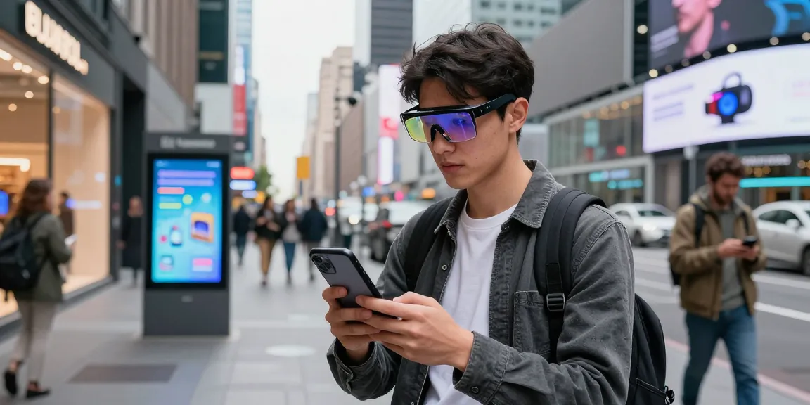 Younger professional using smart glasses for navigation in a vibrant urban environment