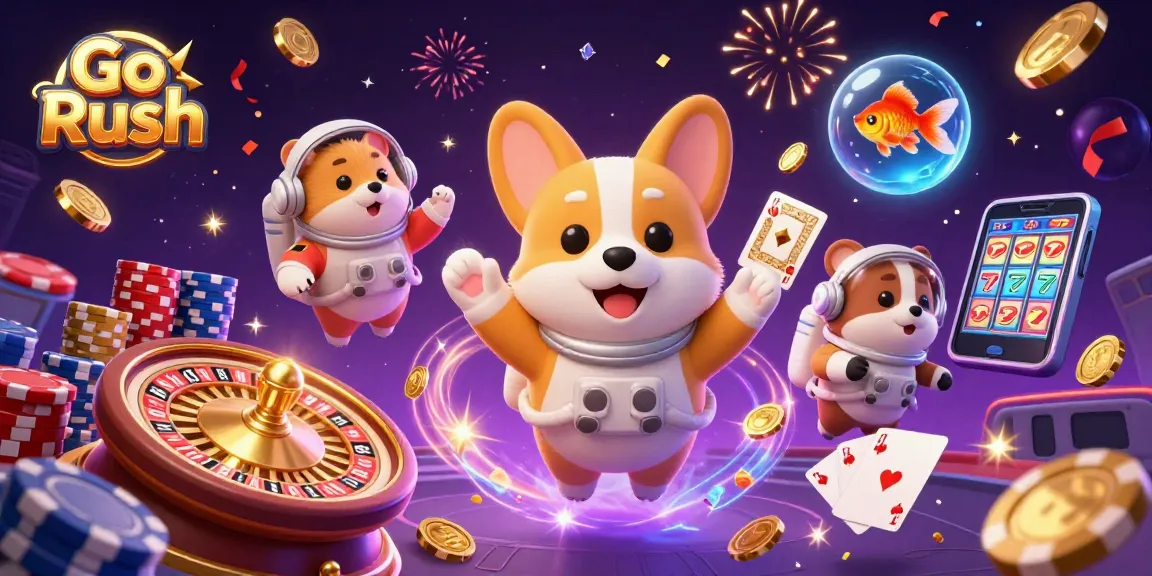 Experience thrilling casino fun in Go Rush with a cartoon astronaut corgi enjoying zero-gravity games.