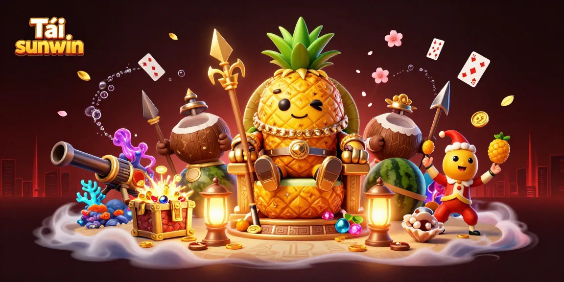 Tải sunwin to experience a vibrant casino scene with a golden pineapple king, cannon, and treasure.