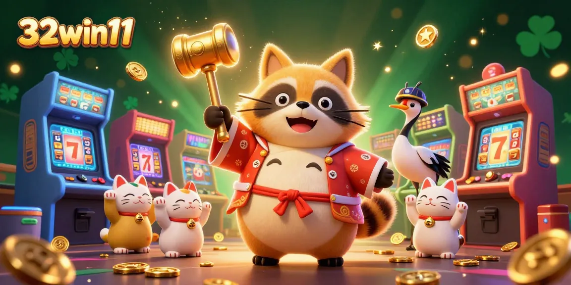 Enjoy thrilling gameplay with 32win11 featuring cheerful raccoon characters amid colorful casino elements.