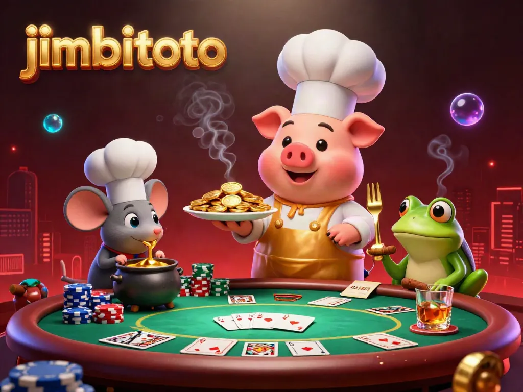 Experience excitement at link jambitoto with a 3D chef pig serving gold coins amidst poker action.