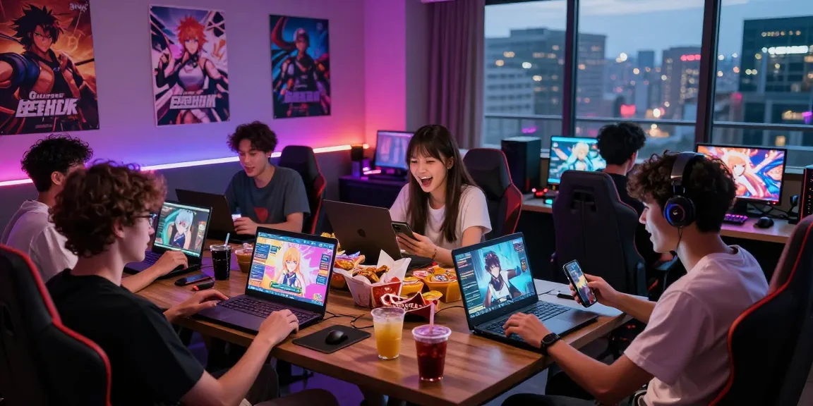 Group of friends enjoying gay hentai games in a vibrant gaming lounge with lively atmosphere