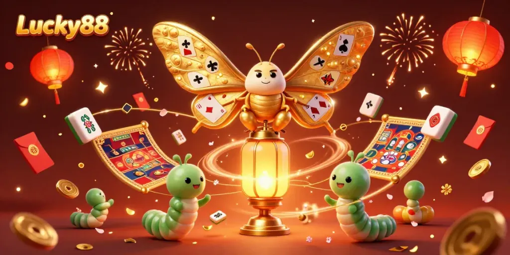 Win big at Lucky88 with an engaging scene of a cartoon moth, golden lanterns, and festive elements.
