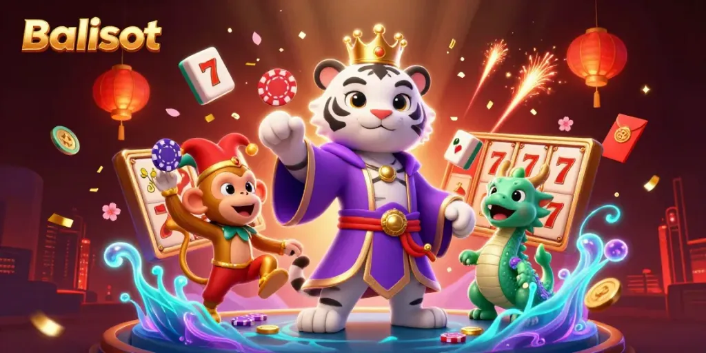 Engage in dynamic gaming at Balislot with a vibrant display of a white tiger and monkey amidst a lively casino scene.