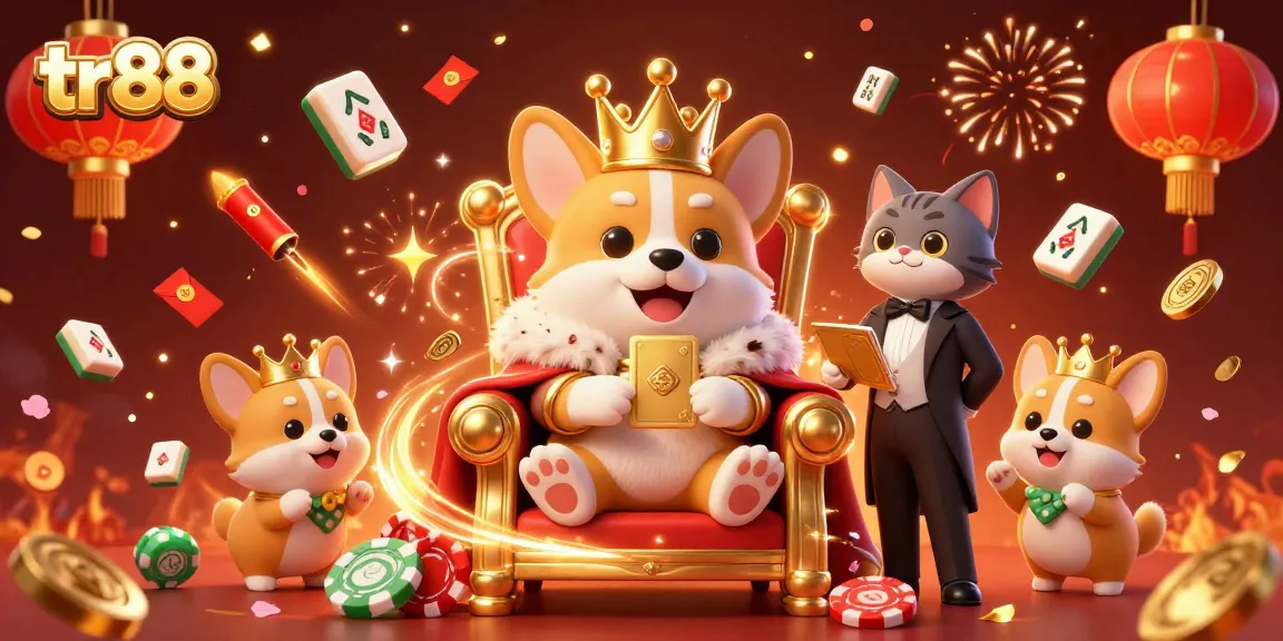 Win big with tr88 at a vibrant online casino featuring a crowned corgi and festive elements.