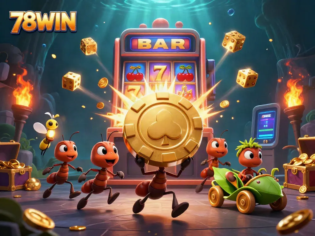 Experience the thrill of 78WIN with ants on a heist carrying a giant poker chip amidst a jackpot explosion.