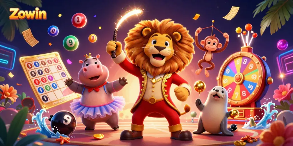 Experience Zowin's thrilling entertainment with a vibrant circus scene featuring gaming elements and lively characters.