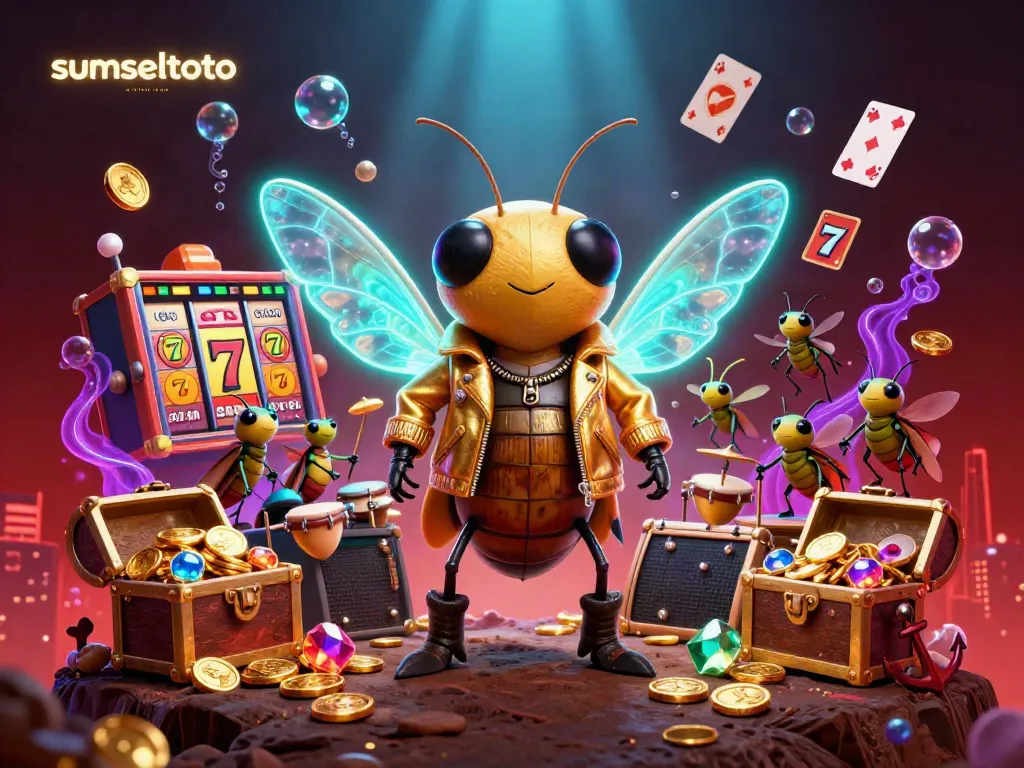 Experience the electrifying atmosphere of sumseltoto with a vibrant 3D casino illustration featuring a cicada rock star and colorful game elements.