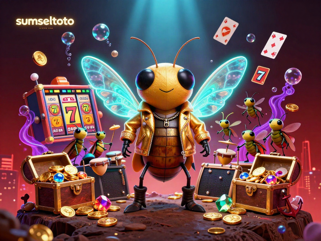 Experience the electrifying atmosphere of sumseltoto with a vibrant 3D casino illustration featuring a cicada rock star and colorful game elements.