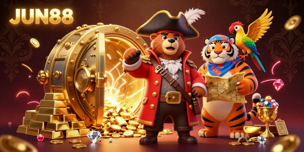 Experience the excitement of JUN88 as a cartoon pirate captain bear and friends celebrate treasure in a vibrant casino.