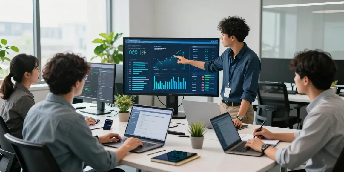 Team discussing IT support for small business strategies in a modern office environment with analytics dashboards.