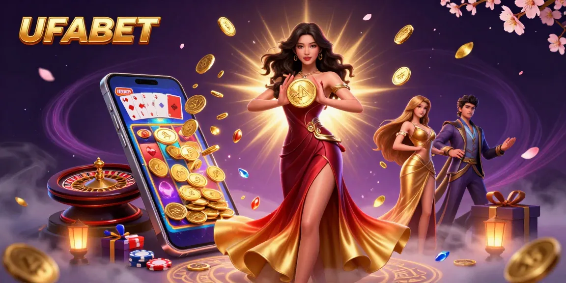 Experience thrilling UFABET action with a beautiful Asian woman showcasing a giant golden coin amidst dramatic casino elements.