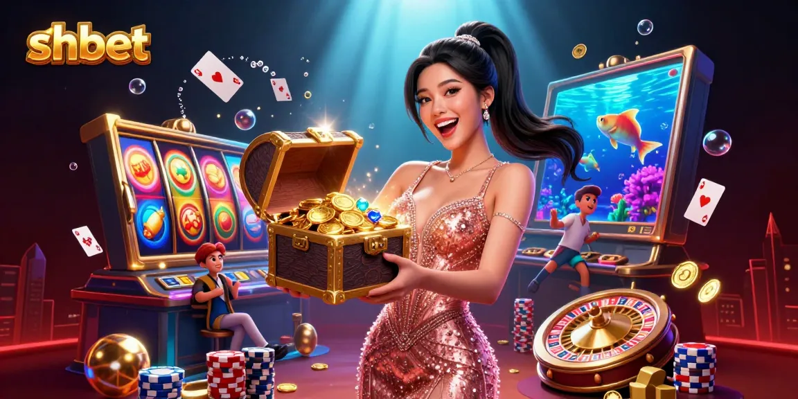 Experience endless excitement with SHBET's vibrant casino scene filled with treasures and games.