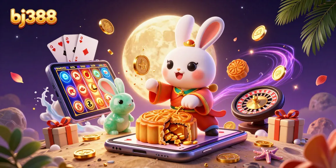 Engage with bj388's vibrant online casino as the moon rabbit reveals winning poker chips.