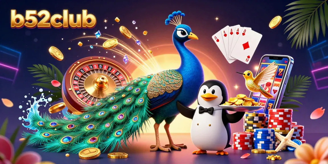 Bidding on games at b52club while a peacock showcases its gemstone feathers and a penguin serves golden chips.