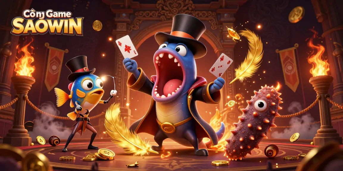 Cổng Game SAOWIN showcases vibrant gambling elements, featuring a magician eel and anglerfish in an enchanting casino scene.