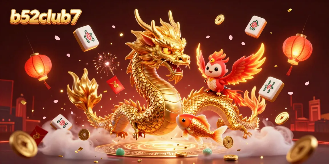 Experience wins at b52club7 with a golden dragon, phoenix, and koi surrounded by festive gaming elements.