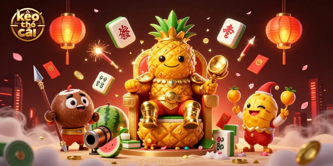 Engage with kèo nhà cái while exploring a vibrant, animated casino scene featuring a golden pineapple king and jester.