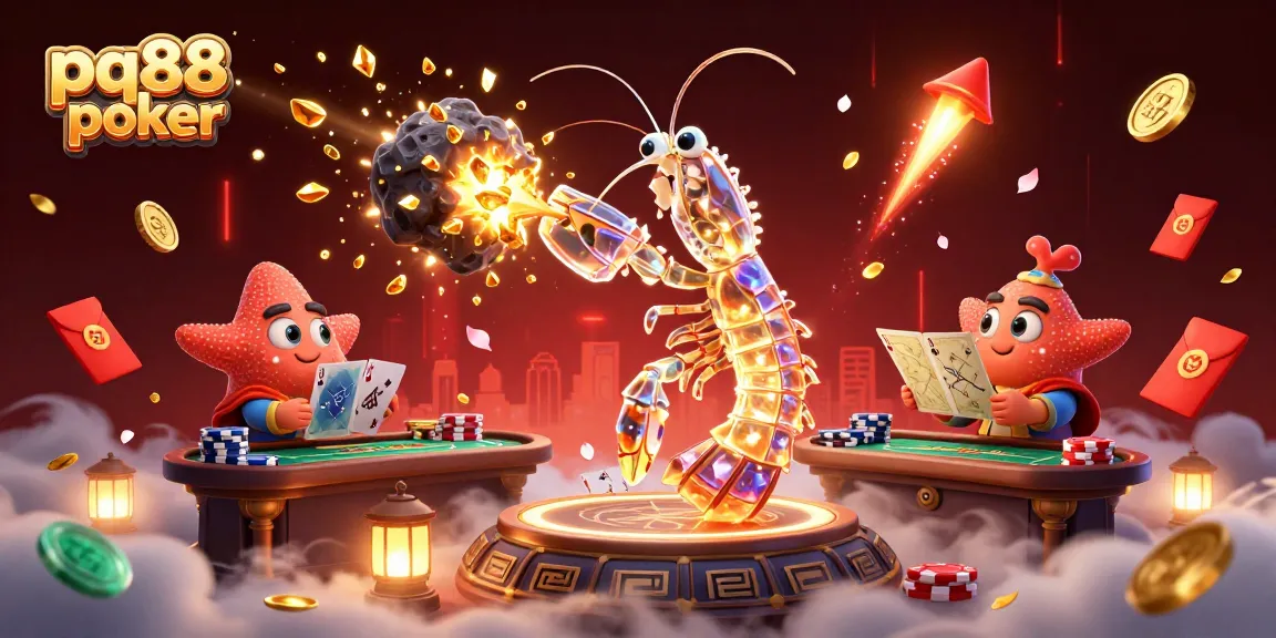 PQ88 poker showcases a vibrant 3D scene with samurai shrimp and poker elements, illustrating dynamic gaming excitement.