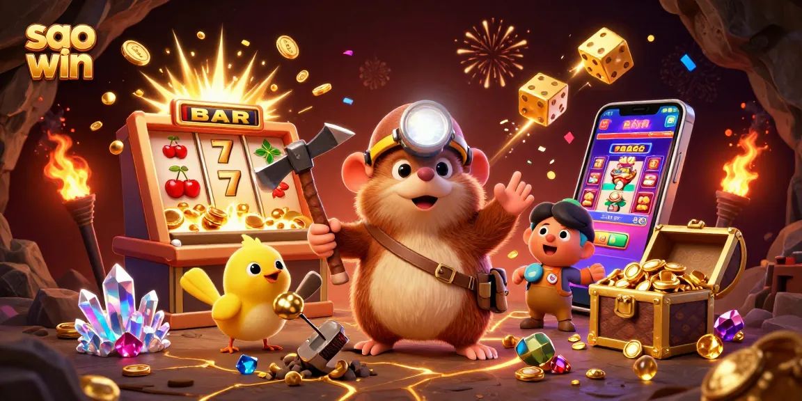Spin the reels on the sao win slot machine for a chance to hit the jackpot in this vibrant casino-themed illustration.