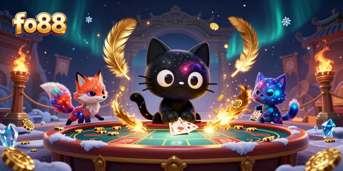 Experience the cosmic allure of fo88 as the black hole cat draws in casino chips and cards.