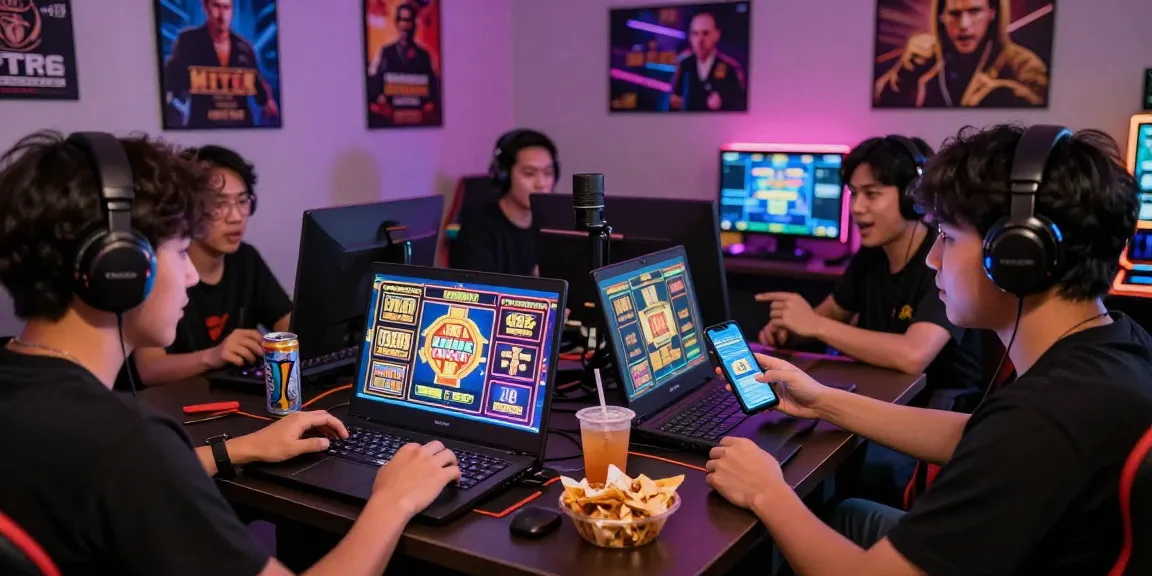 Engaging players enjoying situs slot deposit 10 ribu games on a laptop and mobile device in a vibrant gaming room.
