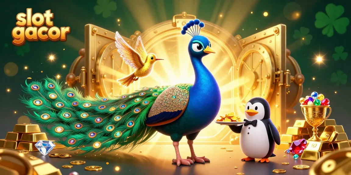 Join the excitement of slot gacor with a colorful peacock and penguin in a vibrant casino scene.