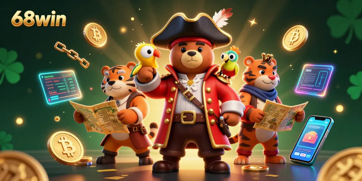 Engage with 68win through a vibrant casino scene featuring a pirate bear and treasures.