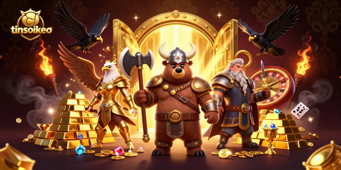 Engage in thrilling live casino action with tinsoikeo's 3D Viking bear and Valkyrie eagle illustration.