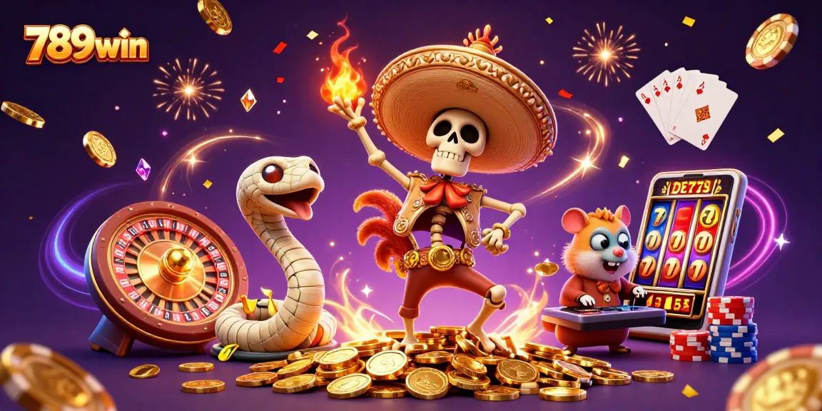 Experience thrilling wins at 789win with an energetic scene of mascots and game elements in a vibrant casino atmosphere.