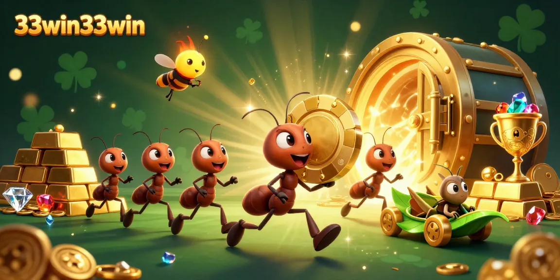 Experience the adventure of 33win33win as ants heist a giant poker chip in a vibrant casino atmosphere.