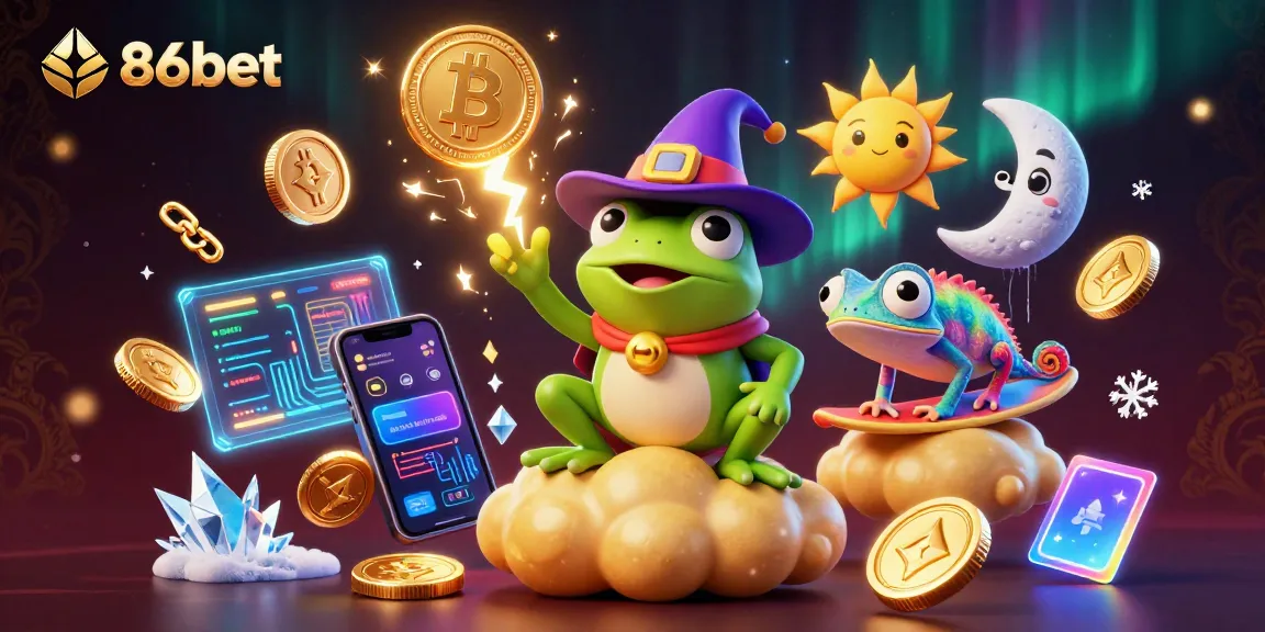 Engage with 86bet's vibrant casino scene full of golden coins, crypto elements, and fun characters.