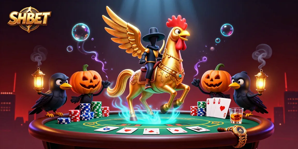 Engage in thrilling SHBET gaming adventures with a golden rooster and spectral horse in a vibrant casino scene.