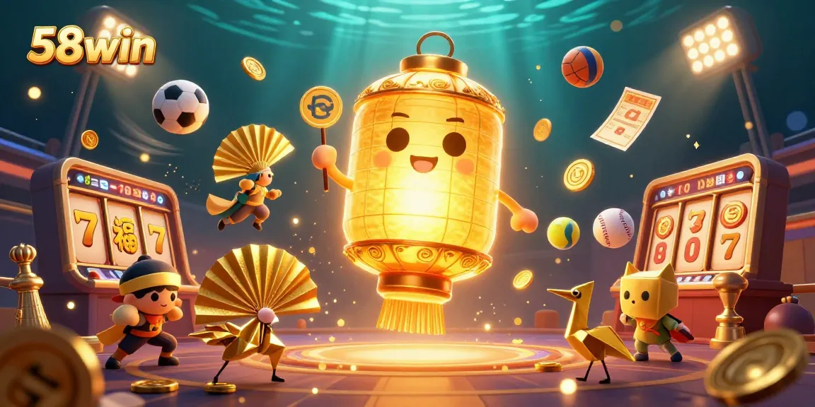 Experience thrilling games at 58win with dynamic 3D illustrations showcasing casino excitement and glamorous wins.