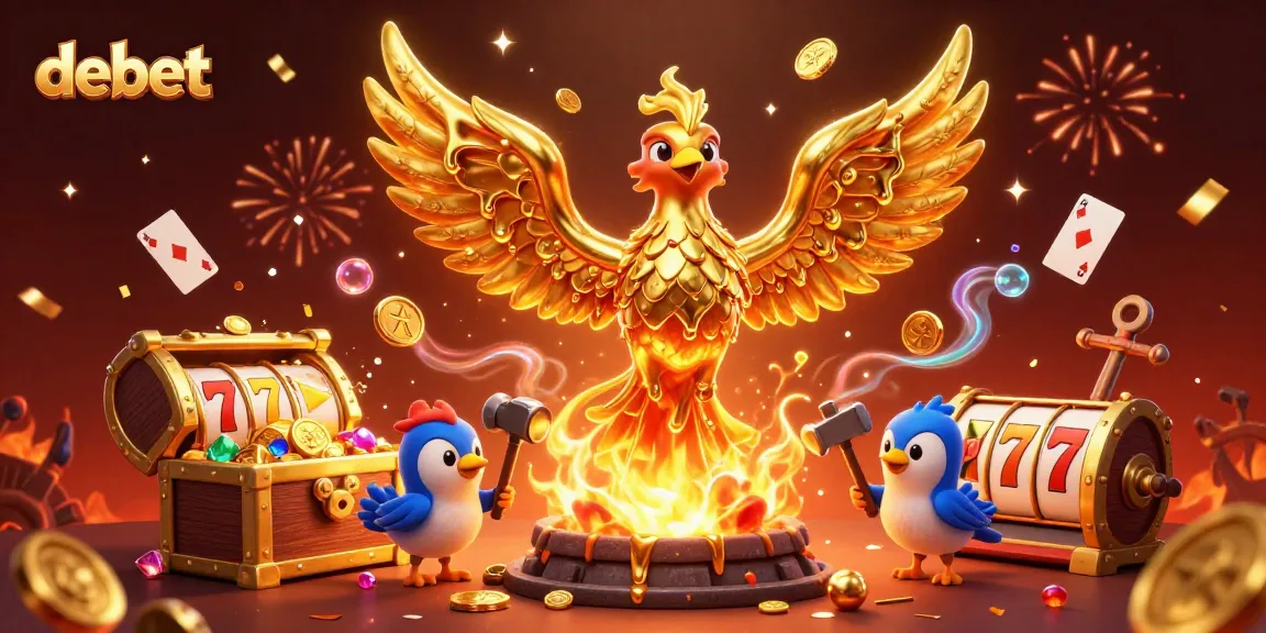 Engage with debet in this vibrant 3D scene featuring a golden phoenix and dynamic casino elements.