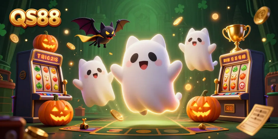 Experience thrilling gameplay at QS88 with friendly ghost cat, dynamic slot reels, and glowing elements.