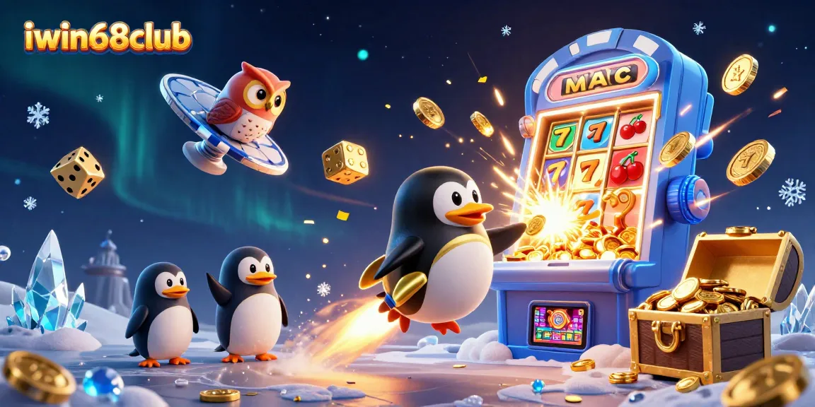 Experience the thrill of iwin68club with a golden penguin blasting through a casino space adventure!