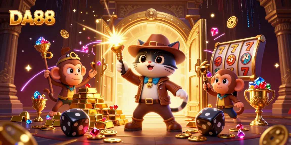 Win big with DA88 as the cat explorer finds treasure in a vibrant casino adventure.