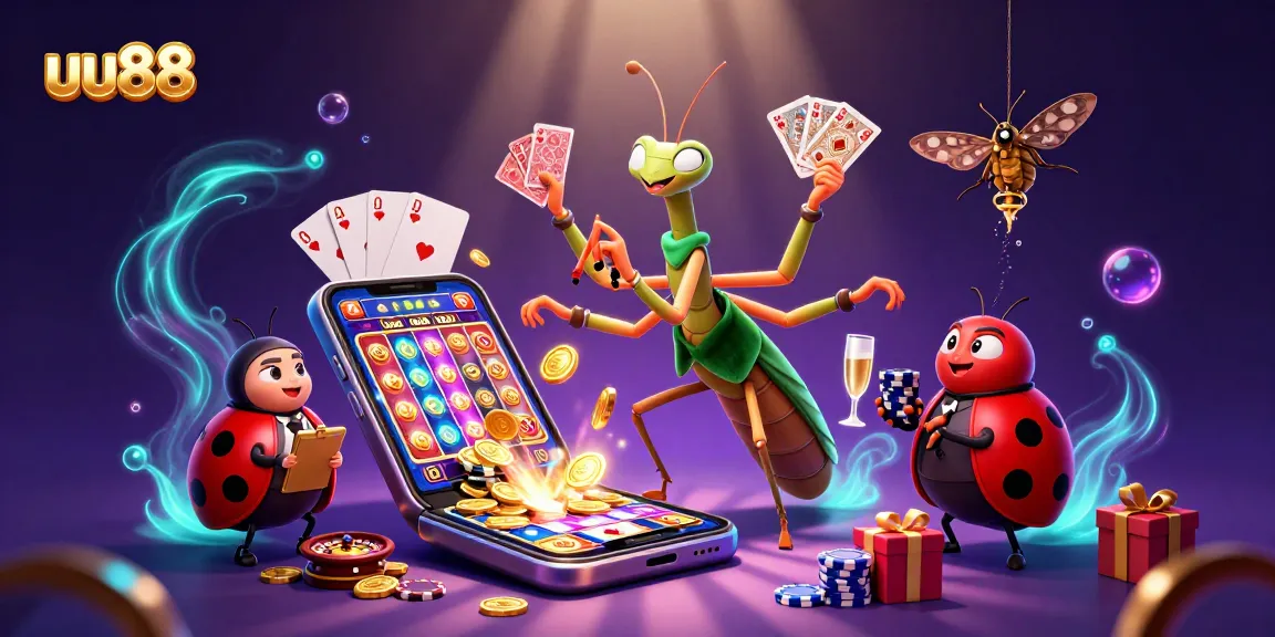 uu88 offers thrilling gaming experiences with vibrant illustration of casino excitement and colorful slot action.