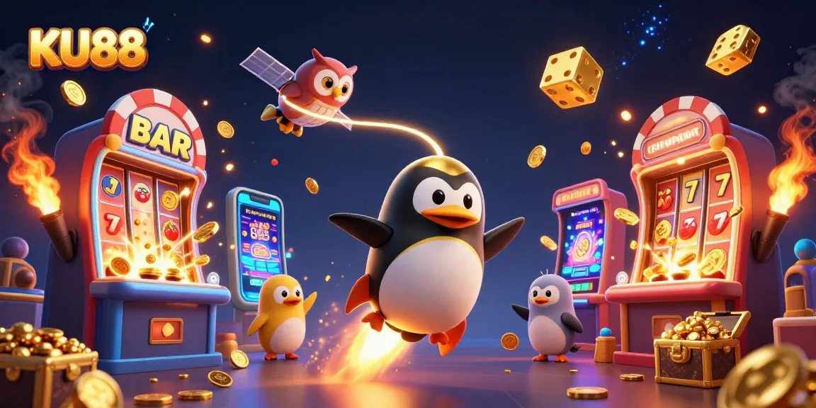 Experience KU88 with a thrilling golden penguin adventure in a space casino scene filled with jackpots.