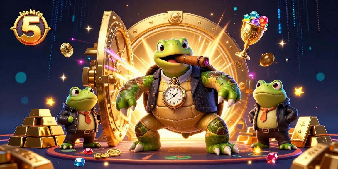 Engage with kèo nhà cái 5's vibrant casino scene featuring a cartoon turtle and bullfrog enforcers set amidst treasure.