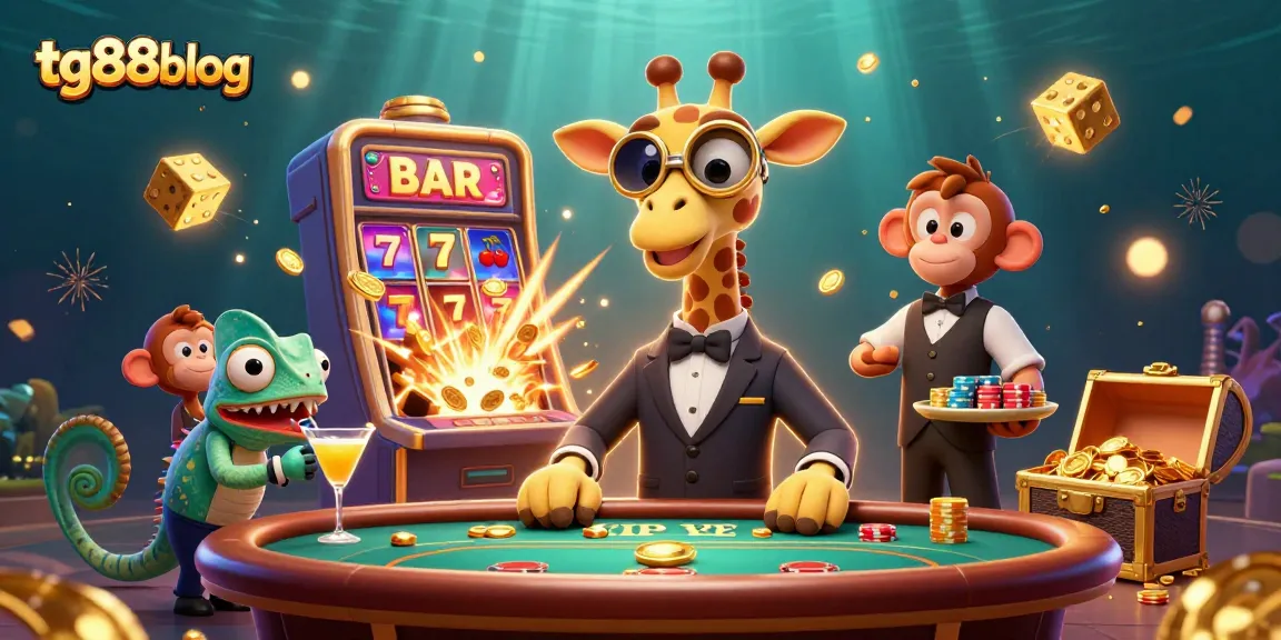 Experience excitement with tg88blog featuring a high-roller giraffe at a vibrant casino scene.