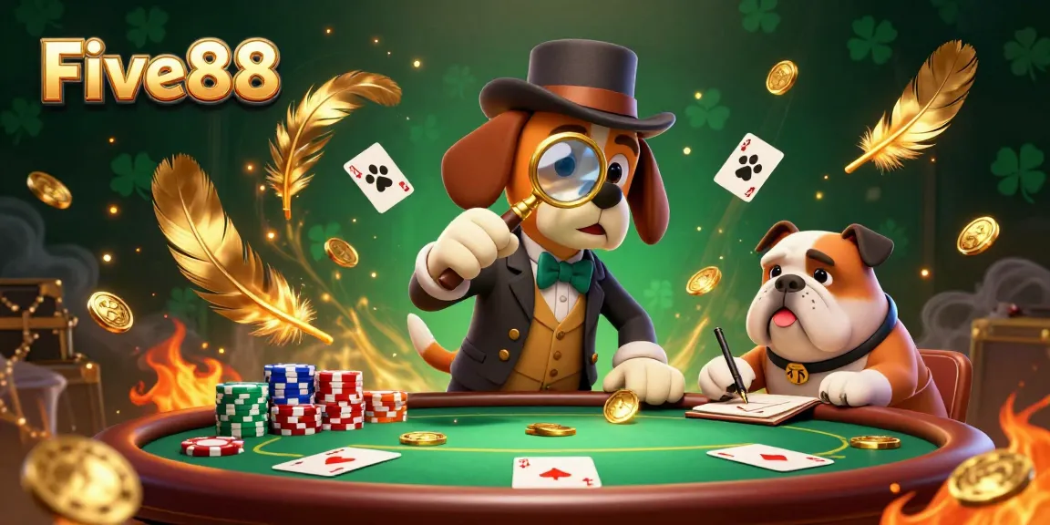 Engage with Five88 through a vibrant 3D illustration showcasing a detective and his companion examining casino clues.