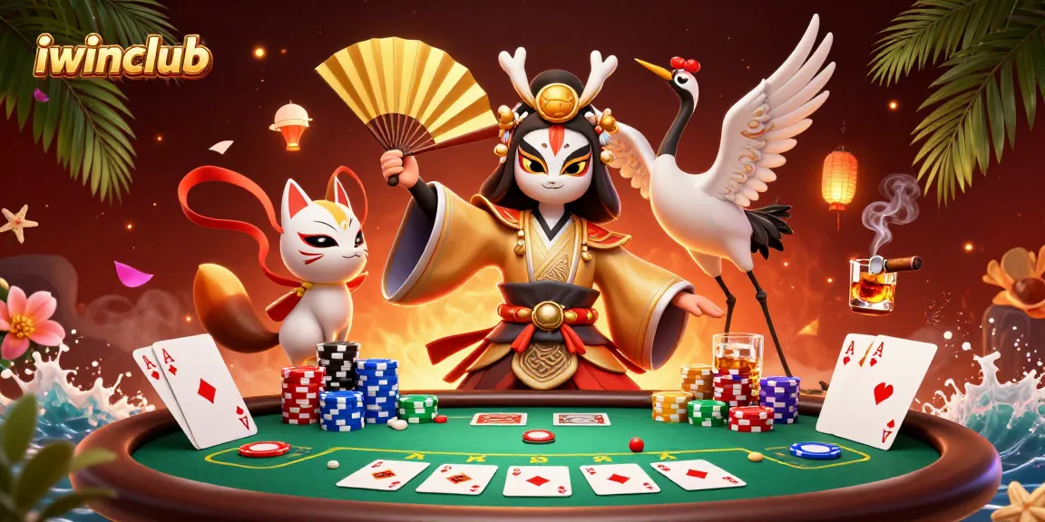 Engage in thrilling poker action at iwinclub featuring a kabuki warrior and kitsune mask in vibrant 3D.
