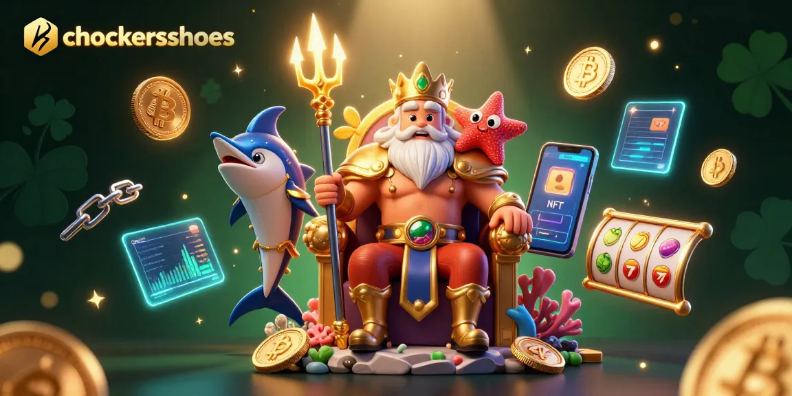 Engage with the world of chockersshoes at this vibrant 3D casino scene showcasing a sea king, crypto elements, and slots.
