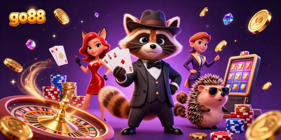 Experience thrilling gaming action at go 88 with animated characters celebrating a royal flush hand surrounded by casino elements.